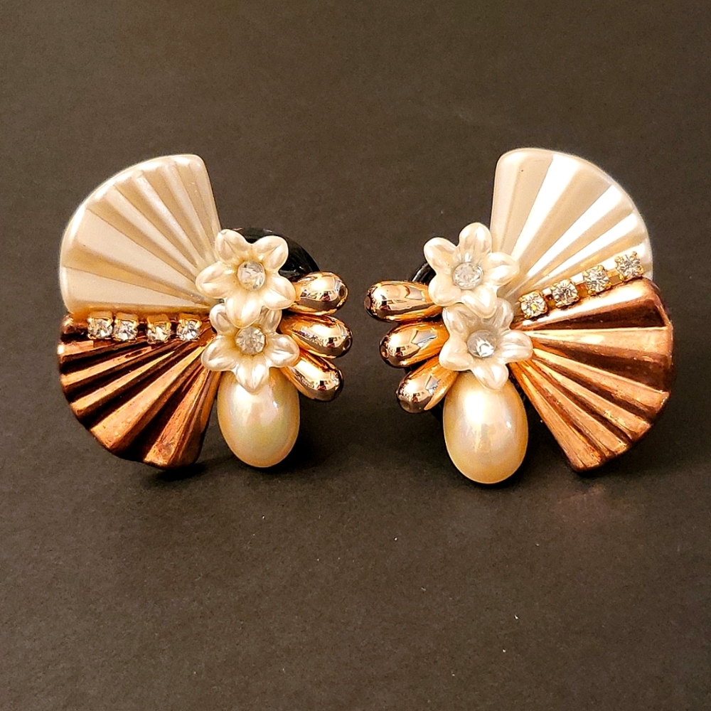 Vintage Clip-on Statement Earrings, Copper-tone & Cream Resin, Crystals